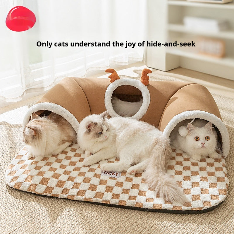 Interactive cat hide and seek tunnel bed