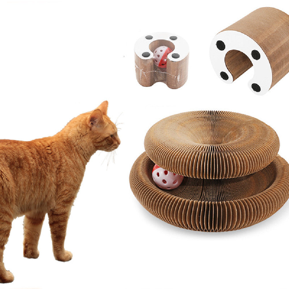 Magic Organ Collapsible Cat Scratcher Board with Bell Ball – Foldable Accordion Corrugated Scratch Pad & Toy