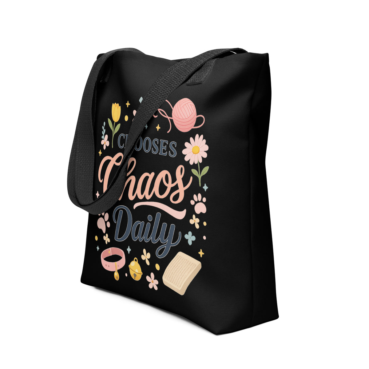 Chooses Chaos Daily Tote Bag - Funny Cat Lover Gift - Aesthetic Black Canvas Shoulder Bag